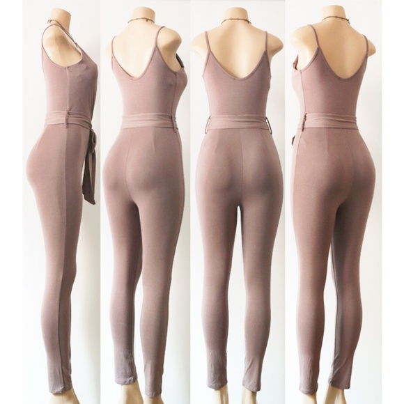 Mocha Taupe Surplice V Neck Sexy Bodycon Jumpsuit - Picture 7 of 8